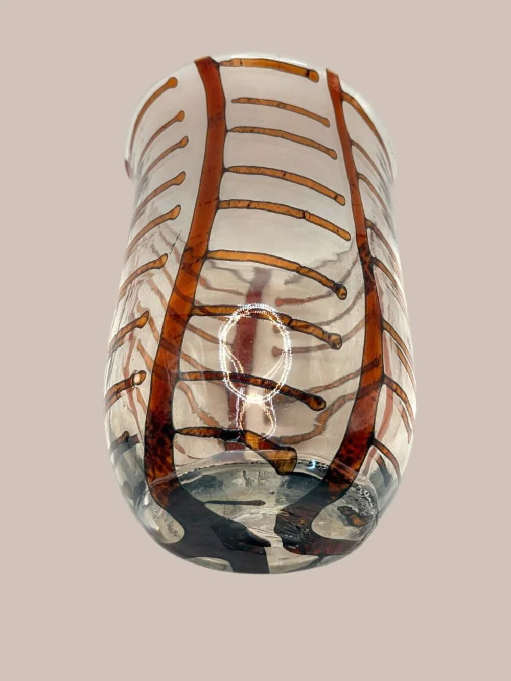 Vintage Hand Blown Studio Art Glass Vase Amber Brown Ribbon Swirl 9.5